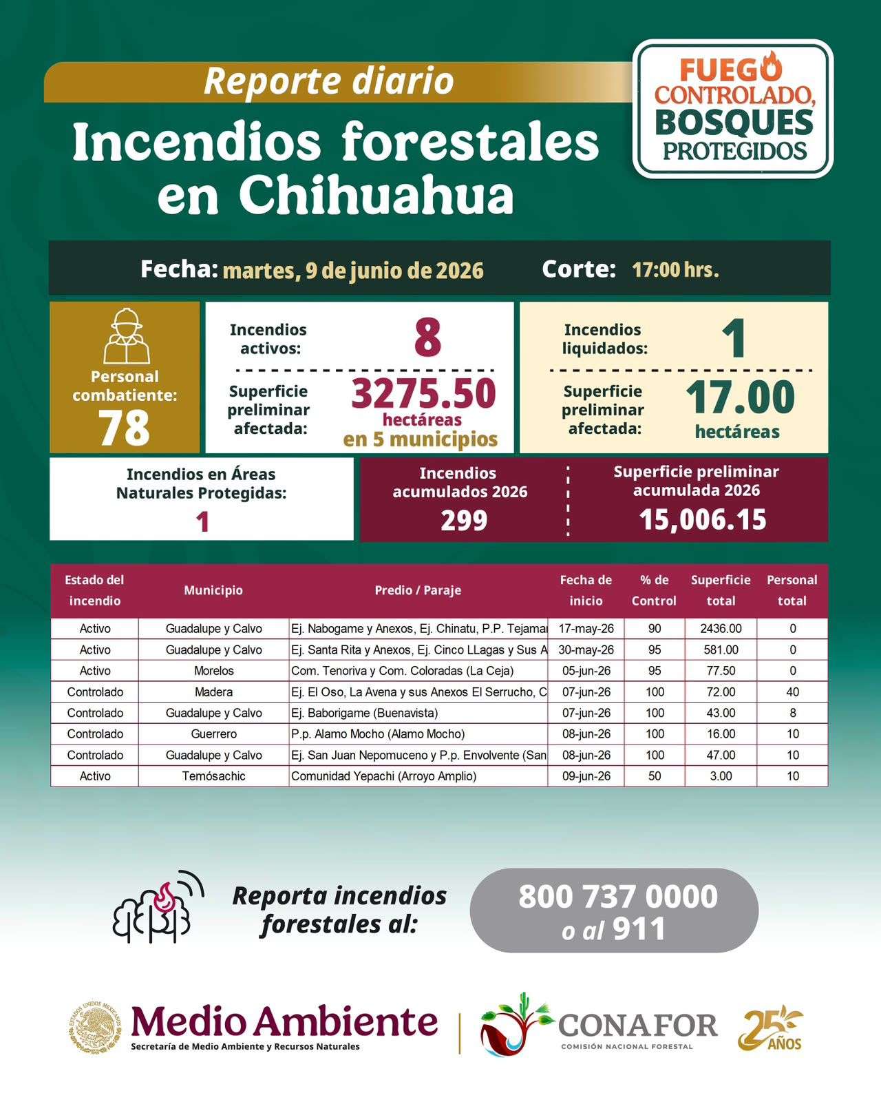 Reportan ocho incendios forestales activos en Chihuahua
