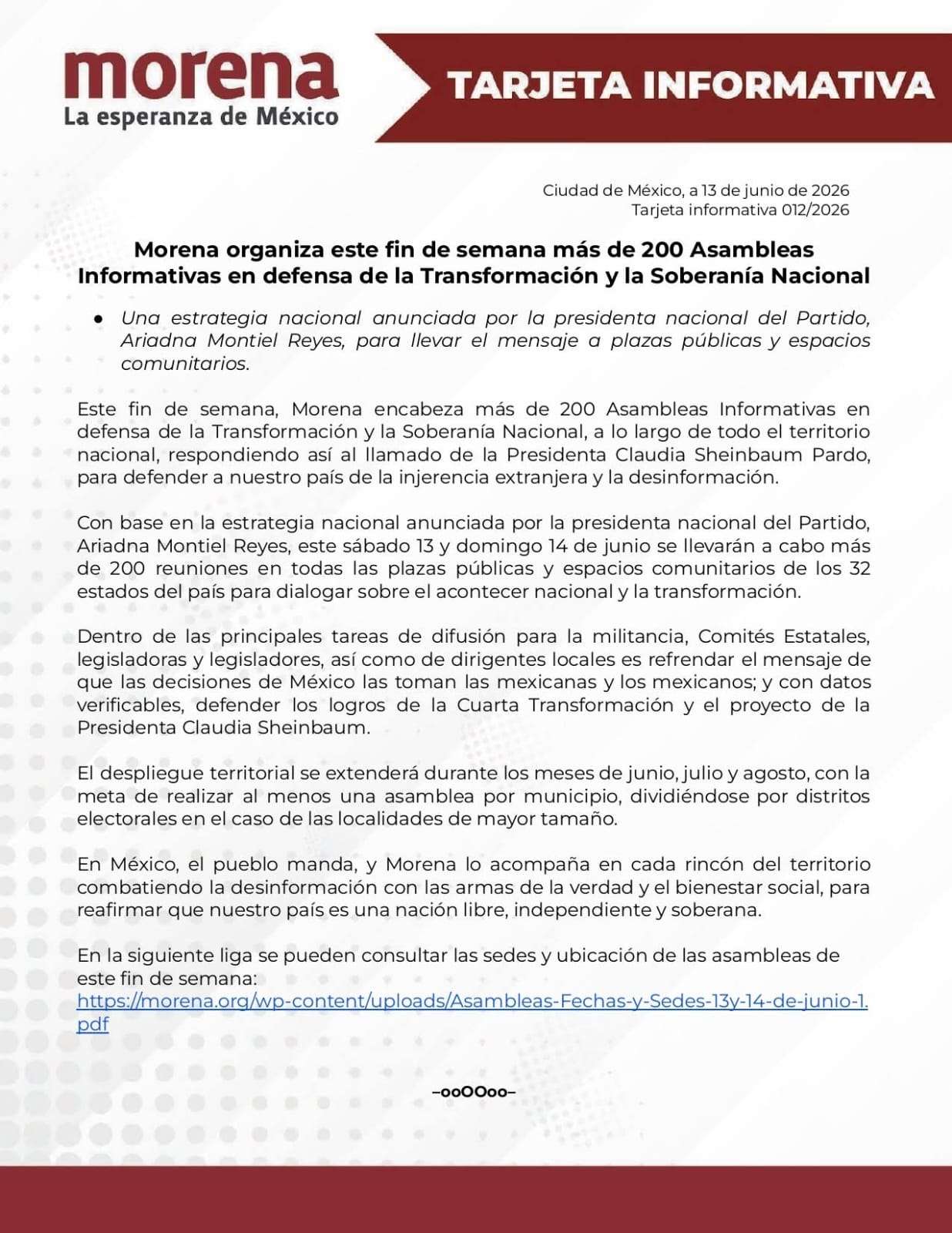 Convoca Morena a más de 200 asambleas por la Cuarta Transformación