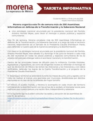 Convoca Morena a más de 200 asambleas por la Cuarta Transformación