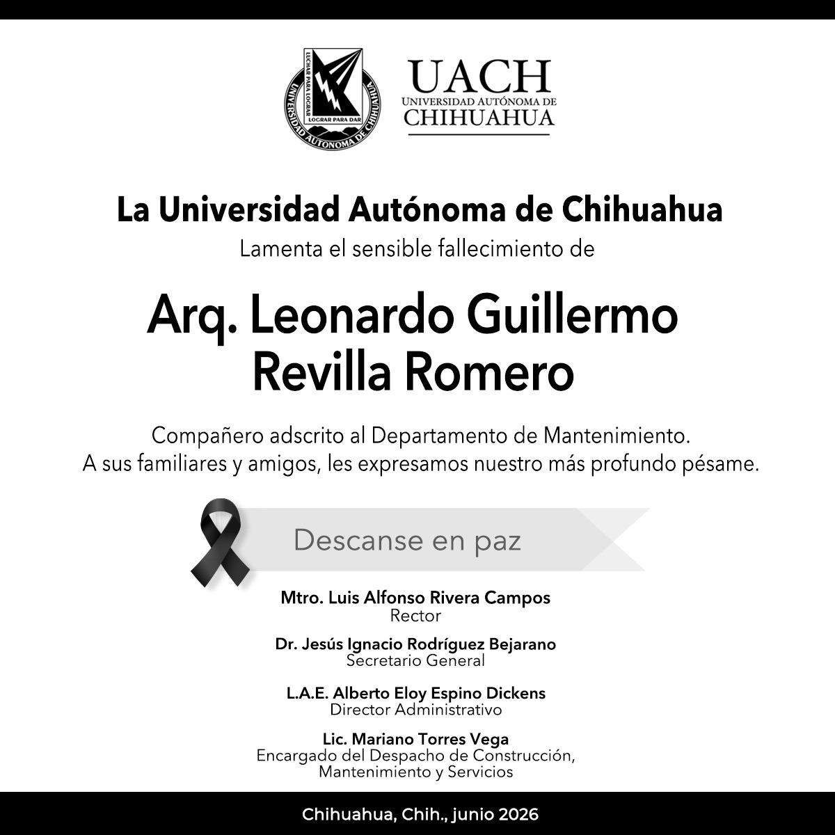 Lamenta Uach muerte del arquitecto Leonardo Guillermo Revilla Romero