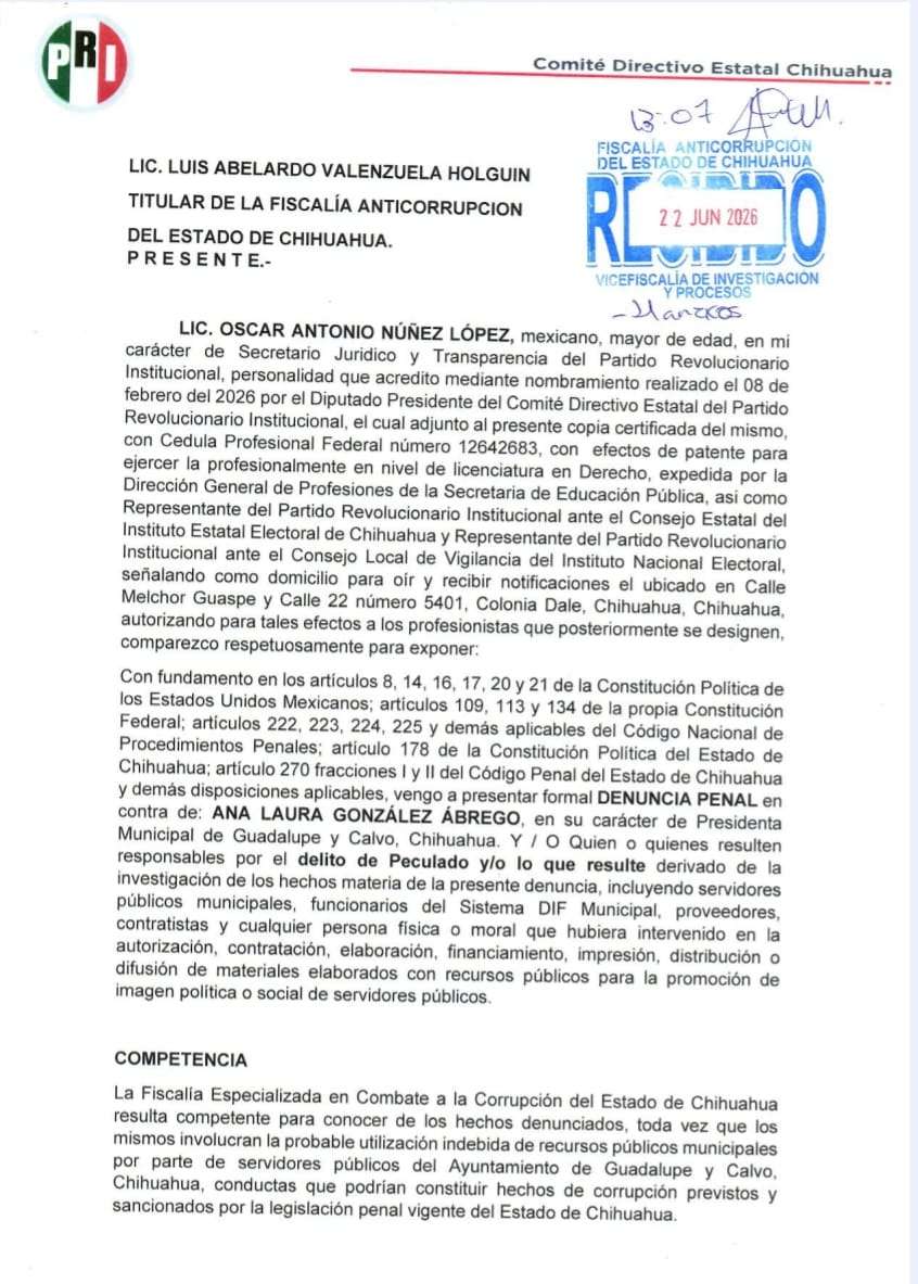 Presenta PRI denuncia por peculado contra alcaldesa de Guadalupe y Calvo
