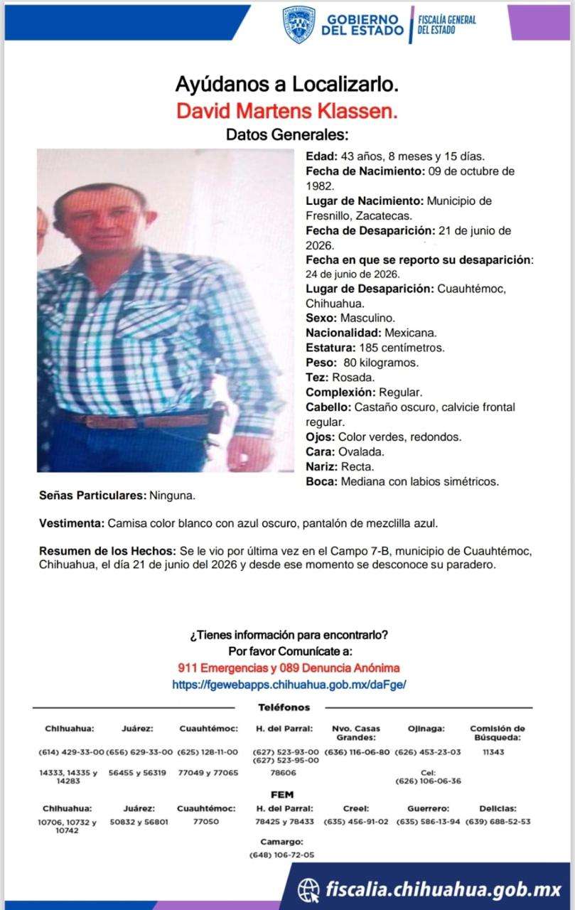 Buscan a David Martens desaparecido en el Campo 7-B de Cuauhtémoc