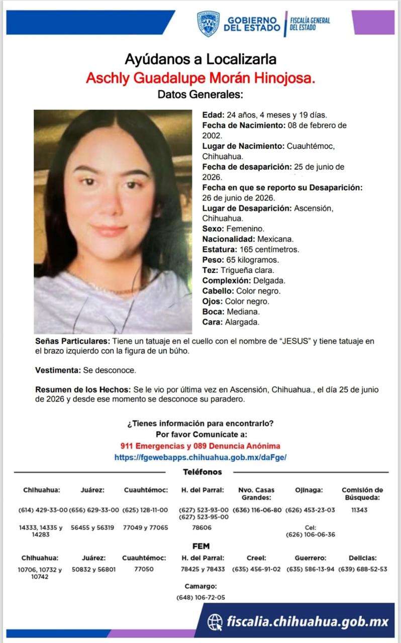 Buscan a Aschly Guadalupe desaparecida en Ascensión 