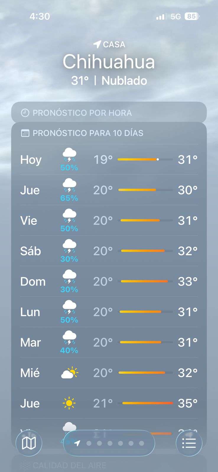 Registra Chihuahua 31°C bajo cielo nublado y pronóstico de lluvia