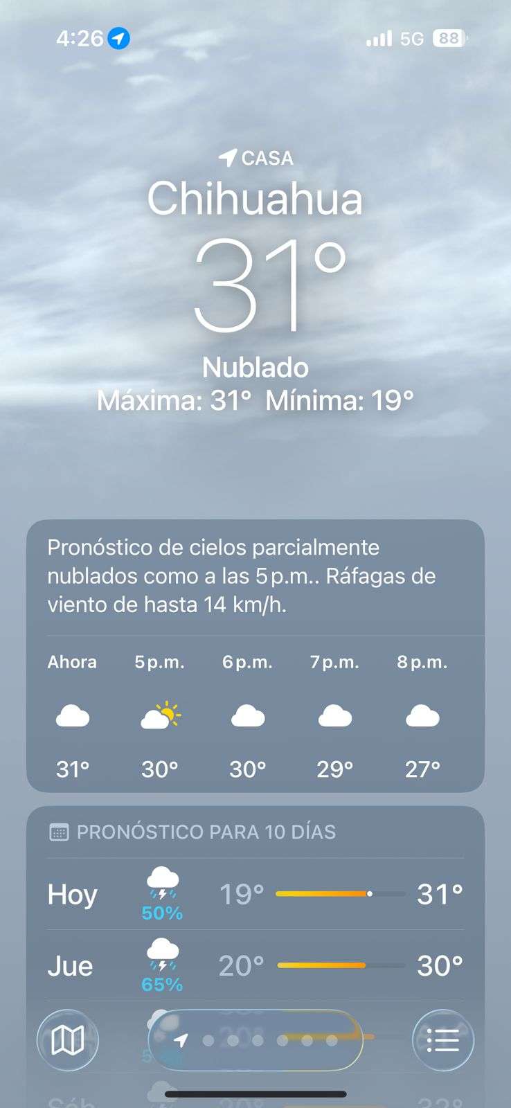 Registra Chihuahua 31°C bajo cielo nublado y pronóstico de lluvia