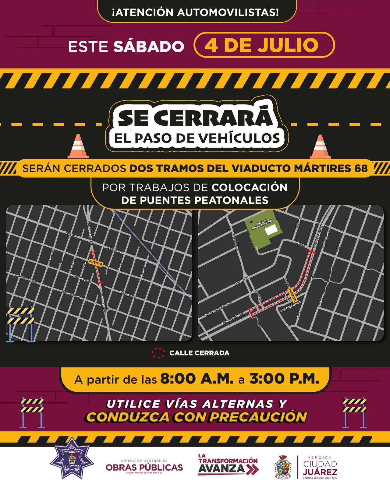 Cerrarán dos tramos del Viaducto Mártires del 68 este sábado