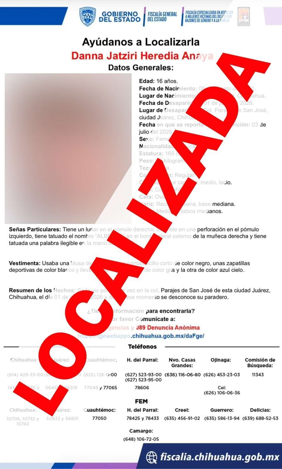 Ubican a menor de 16 años con reporte de ausencia en Parajes de San José