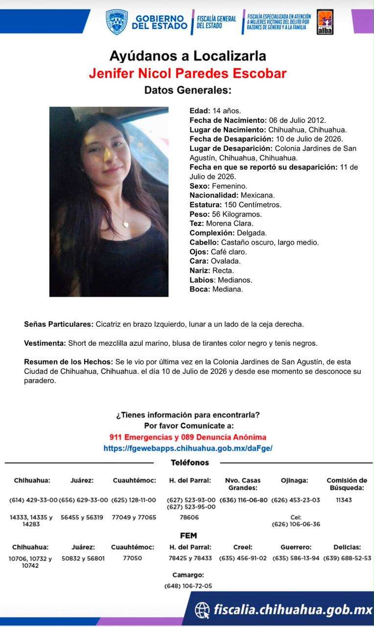 Desaparece jovencita de 14 años en Jardines de San Agustín