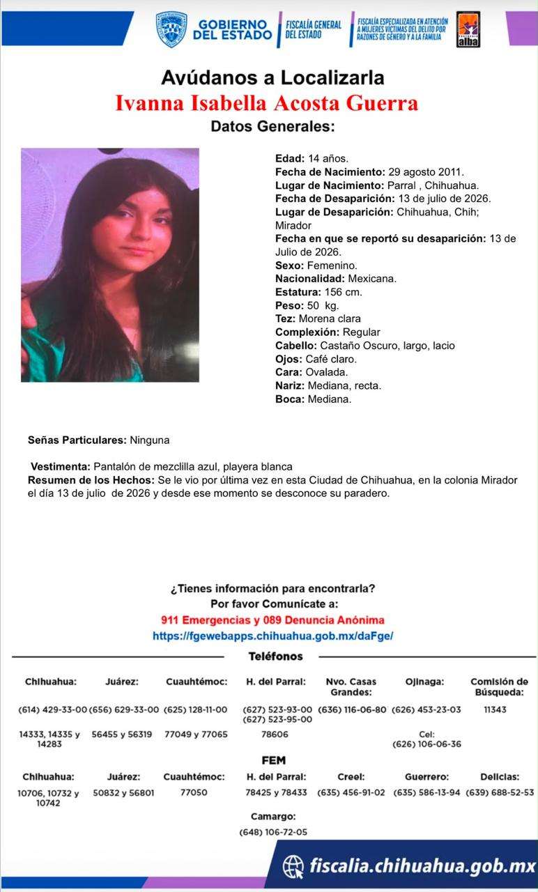 Buscan a jovencita de 14 años desaparecida en la colonia Mirador