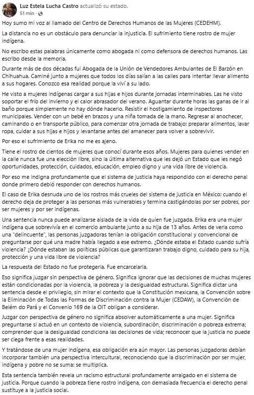 Piden indulto para Erika