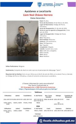 Buscan a menor de 5 años desaparecido en Parral 