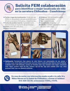 Piden apoyo para identificar a mujer hallada sin vida en vía a Cuauhtémoc