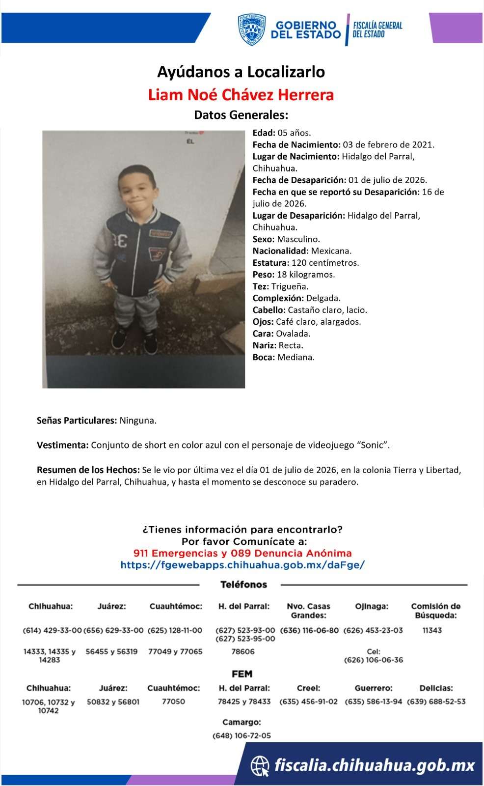 Buscan a menor de 5 años desaparecido en Parral 