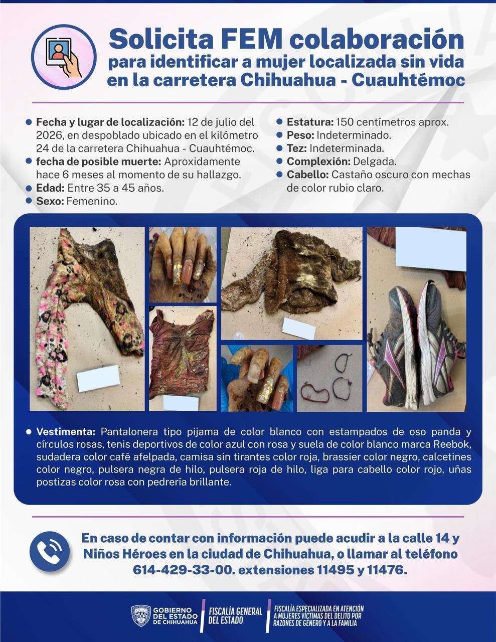 Piden apoyo para identificar a mujer hallada sin vida en vía a Cuauhtémoc