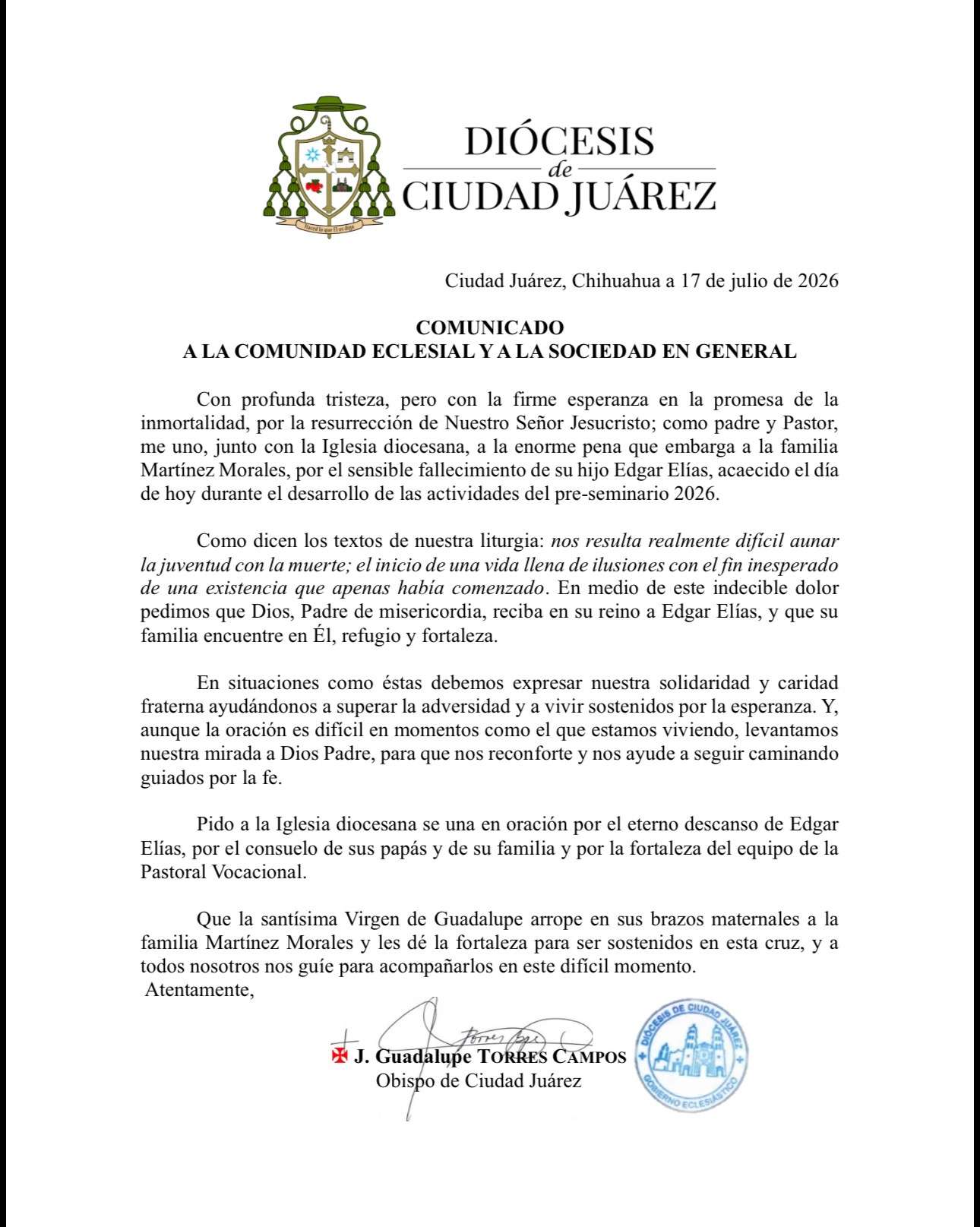 Expresa Diócesis condolencias por muerte de menor en preseminario