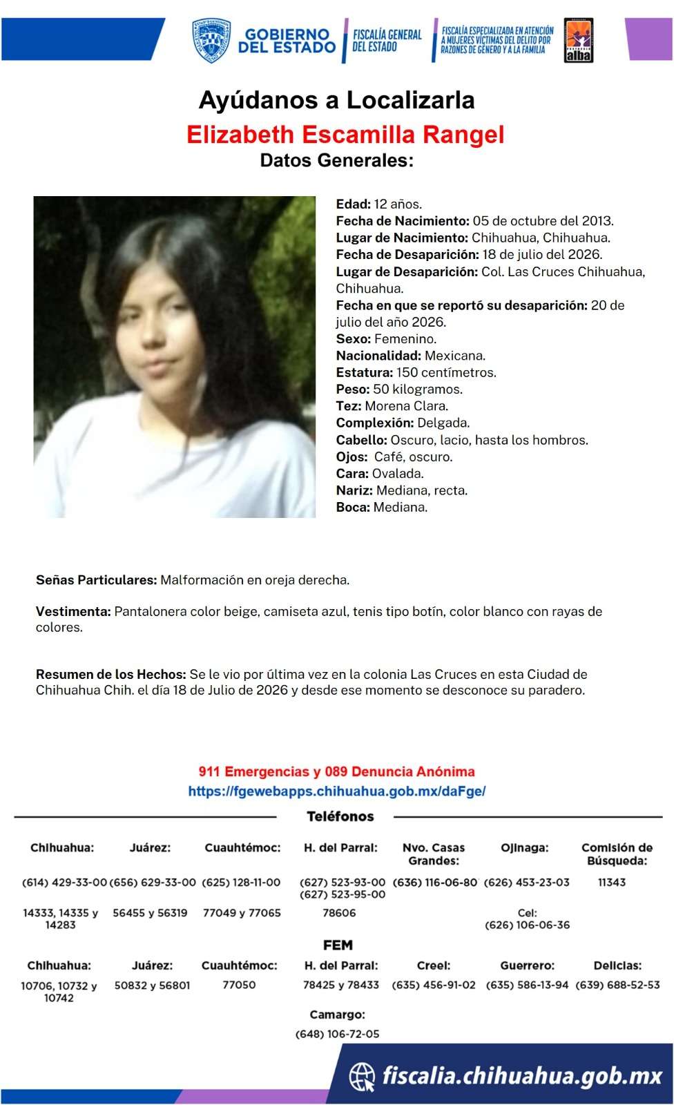 Buscan a menor de 12 años desaparecida en Las Cruces 