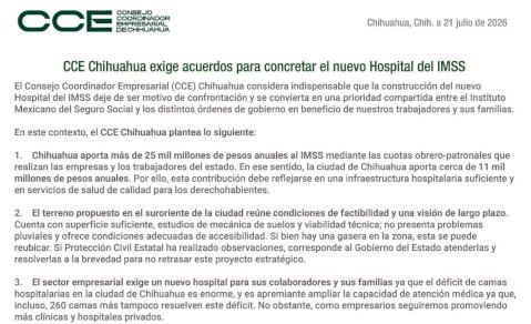 Exige CCE Chihuahua acuerdos para concretar nuevo Hospital del Imss