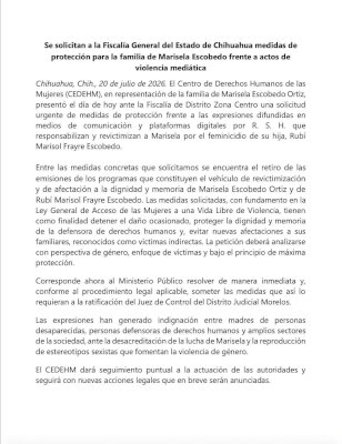 Solicita Cedehm protección a familia Escobedo por violencia mediática 