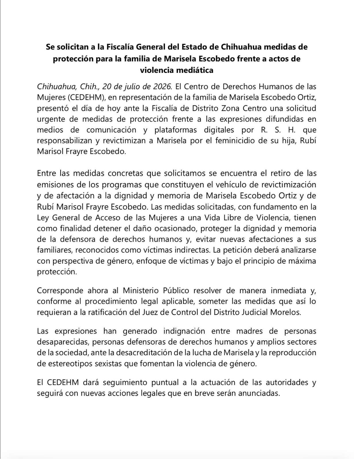 Solicita Cedehm protección a familia Escobedo por violencia mediática
