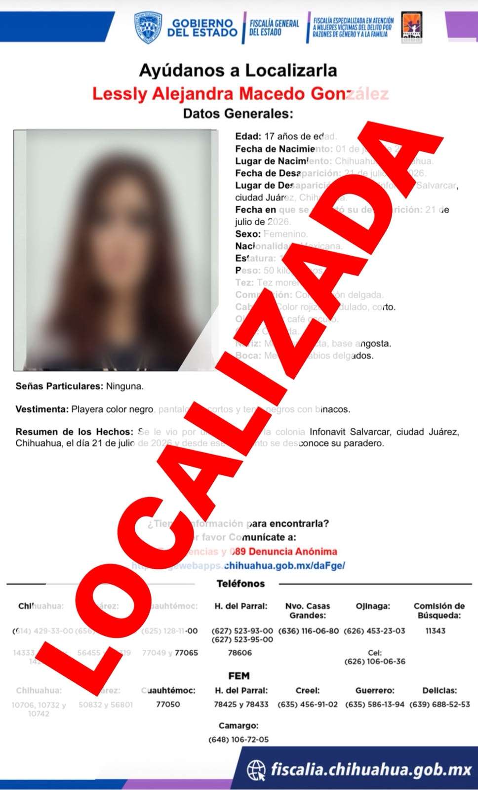 Localizan a adolescente con reporte de robo