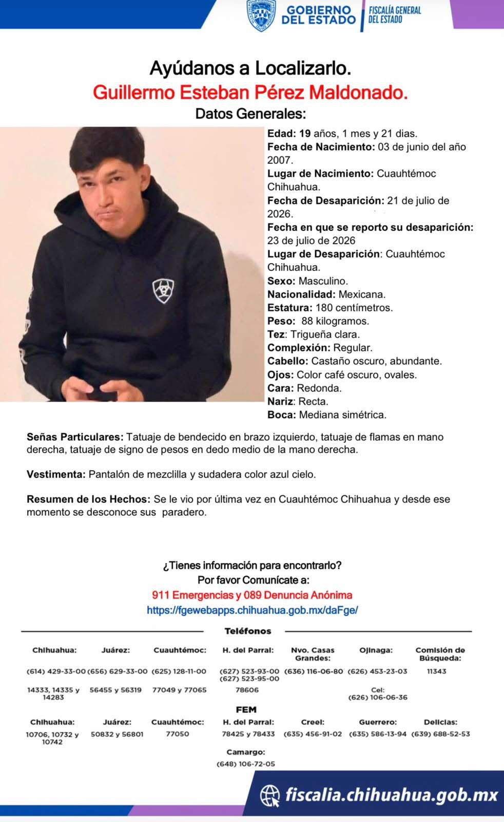 Buscan a joven de 19 años desaparecido en Cuauhtémoc