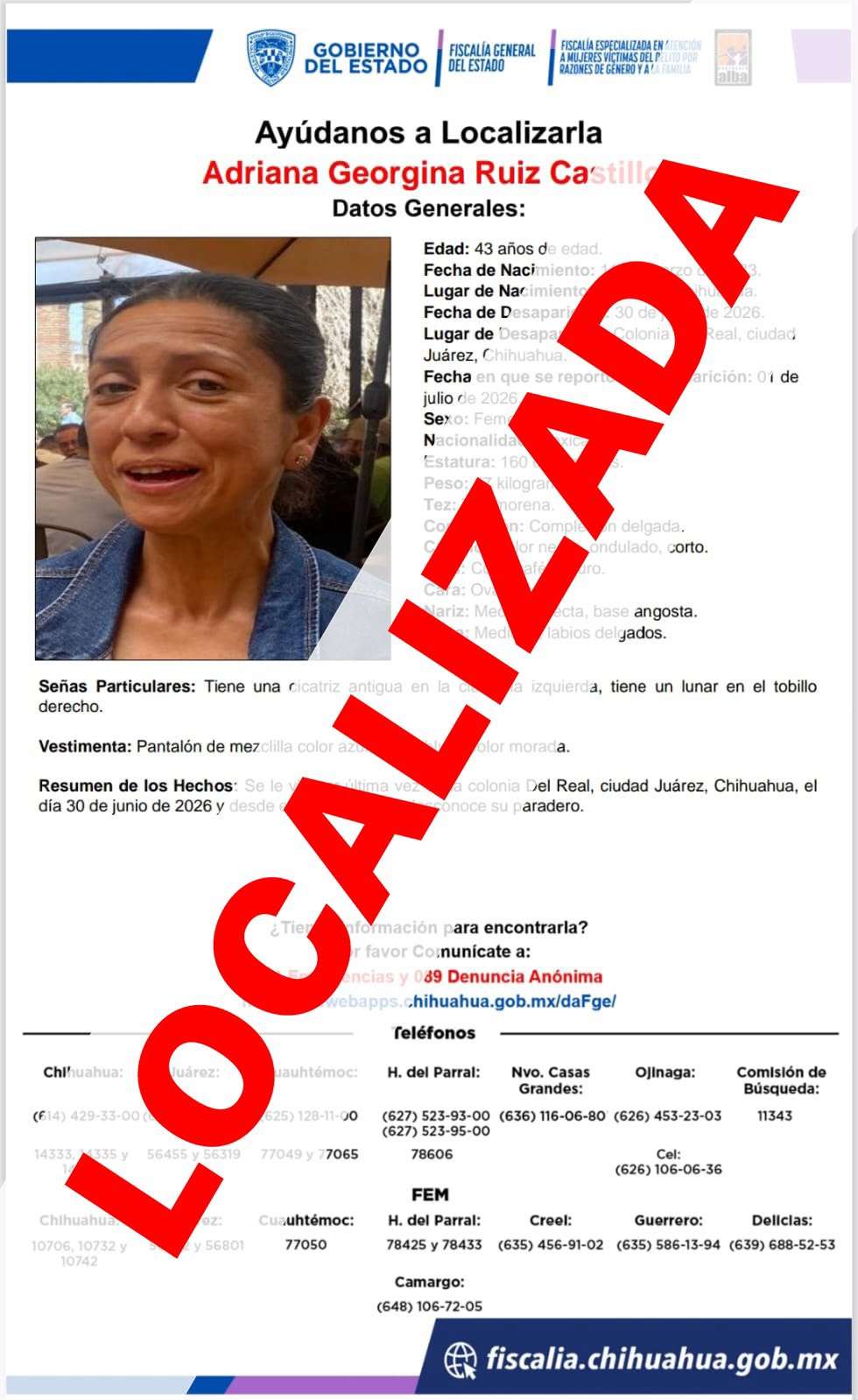 Localiza la FEM sana y salva a Adriana Georgina R. C. tras tres semanas