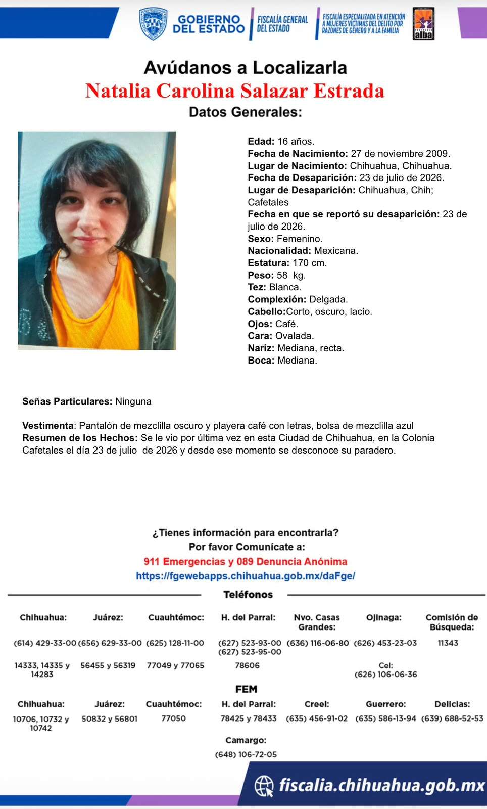 Desaparece jovencita en la colonia Cafetales 