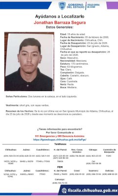 Buscan a joven de 18 años desaparecido en Aldama