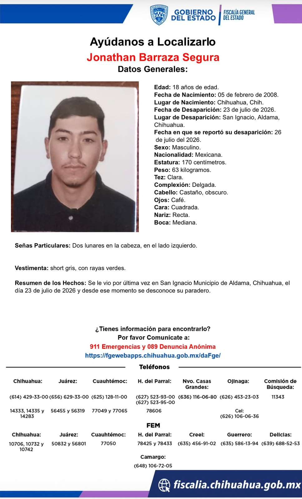 Buscan a joven de 18 años desaparecido en Aldama