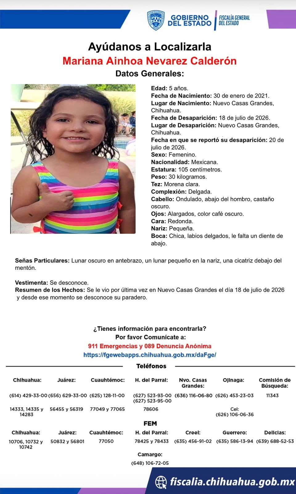 Buscan a menor de 5 años desaparecida en Nuevo Casas Grandes