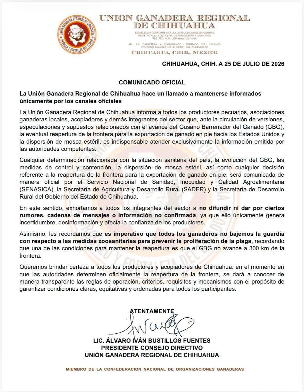 Llama Ugrch a esperar información oficial sobre el gusano barrenador