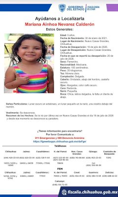 Buscan a menor de 5 años desaparecida en Nuevo Casas Grandes