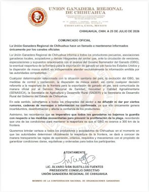 Llama Ugrch a esperar información oficial sobre el gusano barrenador