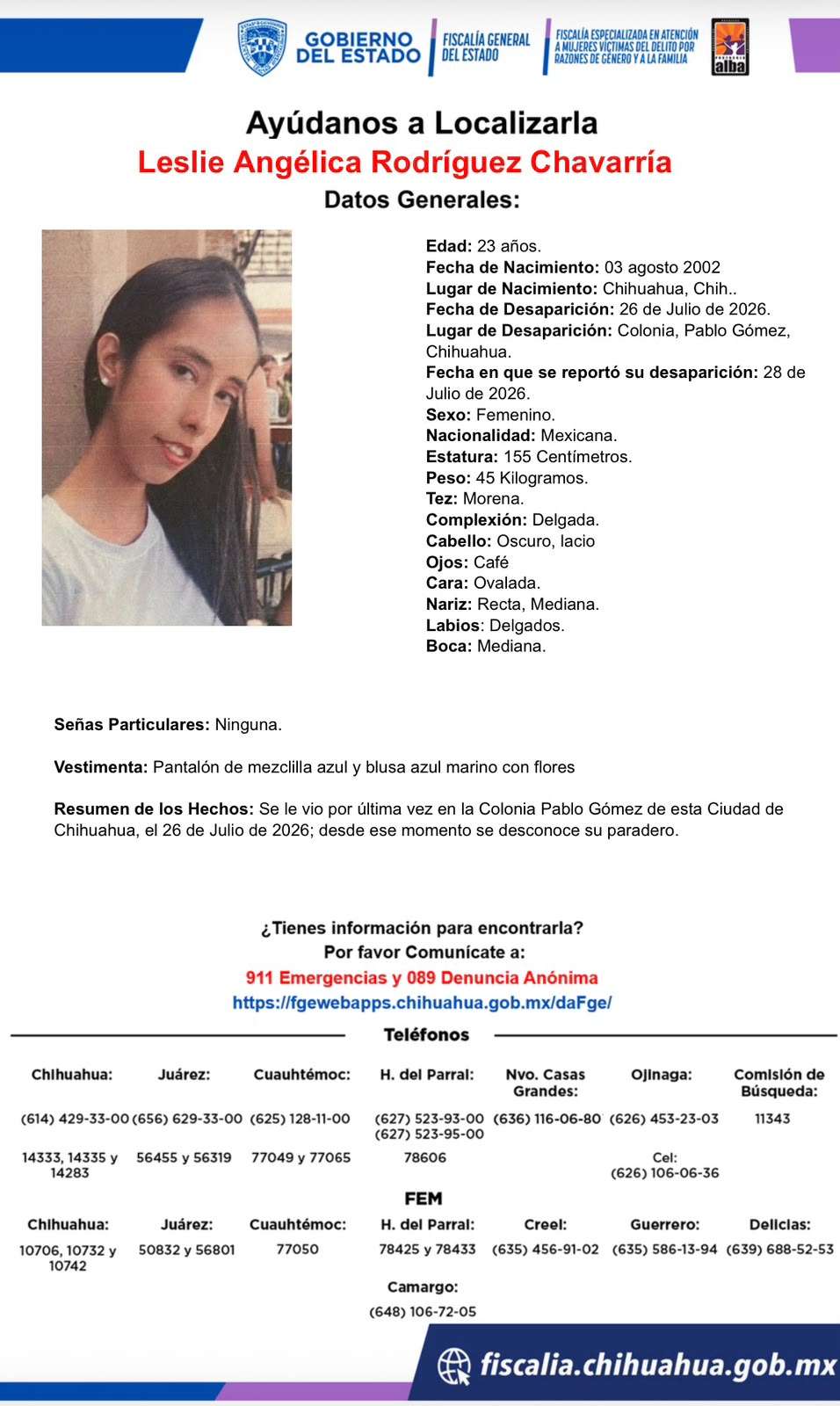 Desaparece mujer de 23 años en la colonia Pablo Gómez