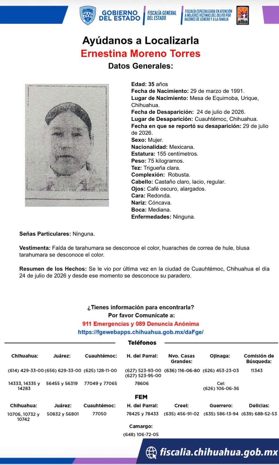 Buscan a mujer desaparecida en Cuauhtémoc
