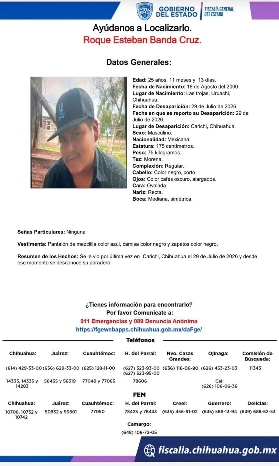 Buscan a Roque Banda desaparecido en Carichí