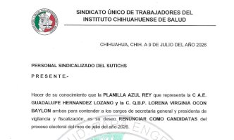 Renuncia Planilla Azul Rey a elección del sindicato del Ichisal