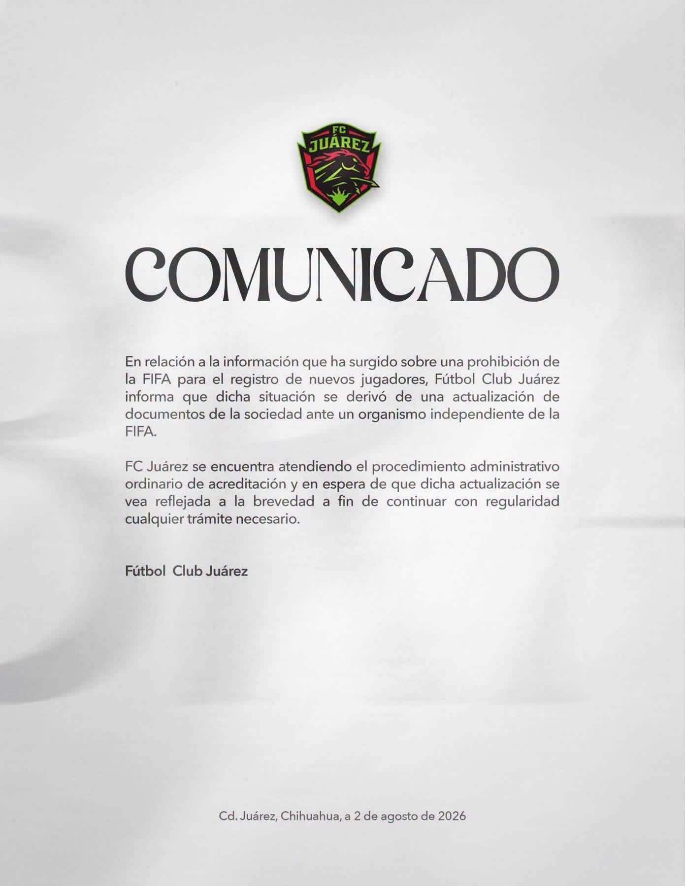 Avlara FC Juárez situación sobre veto de FIFA para registrar jugadores