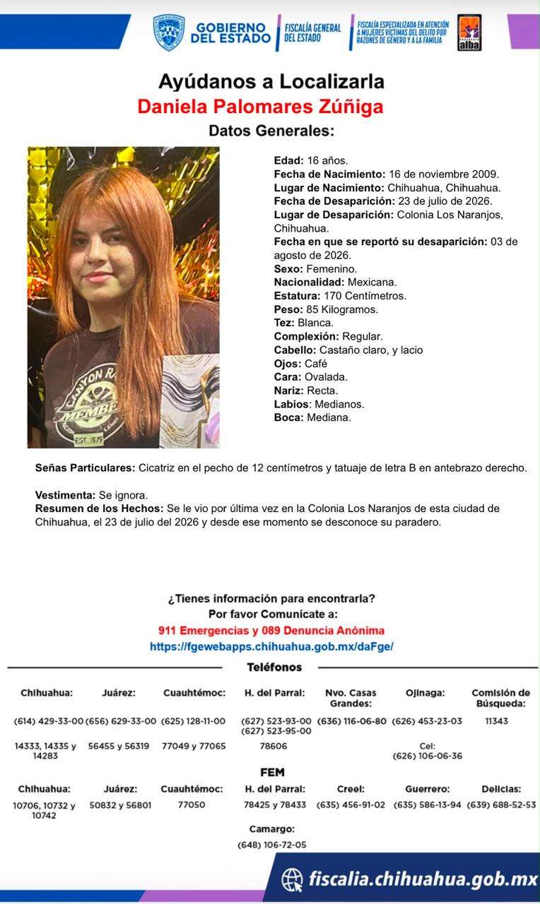 Piden ayuda para encontrar a menor desaparecida en Los Naranjos