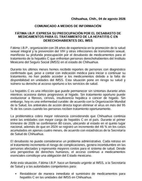 Exige organización Fátima restablecer medicamentos para hepatitis C