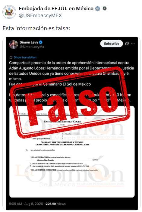 Desmiente Embajada de EU a Simón Levy sobre orden de aprehensión contra Augusto