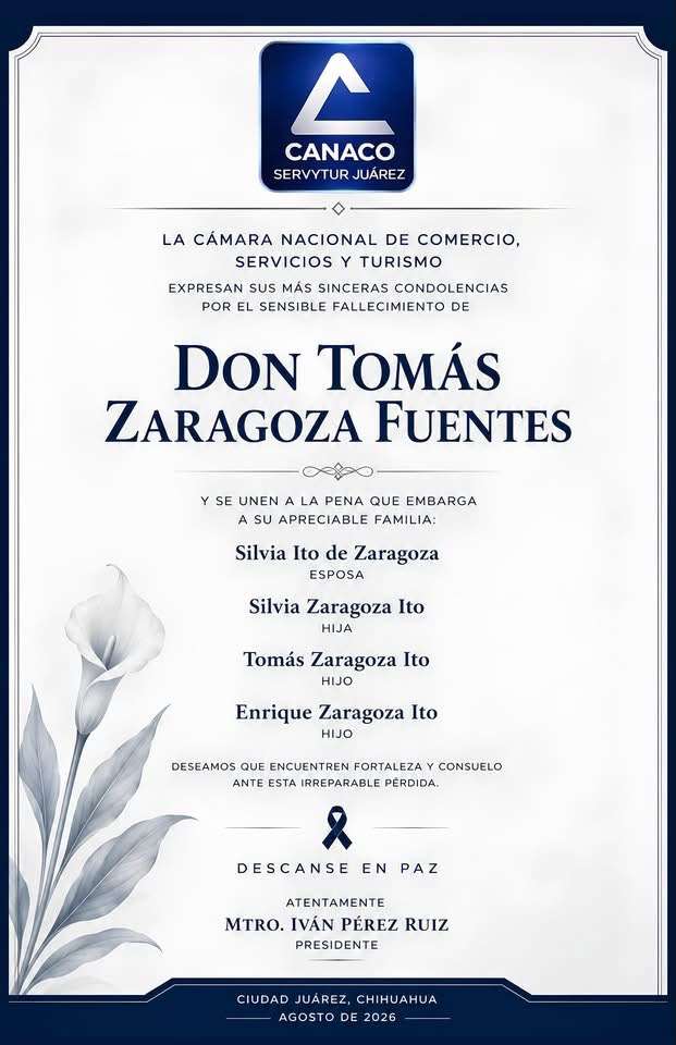 Expresa Canaco condolencias por.muerte de Tomás Zaragoza Fuentes 
