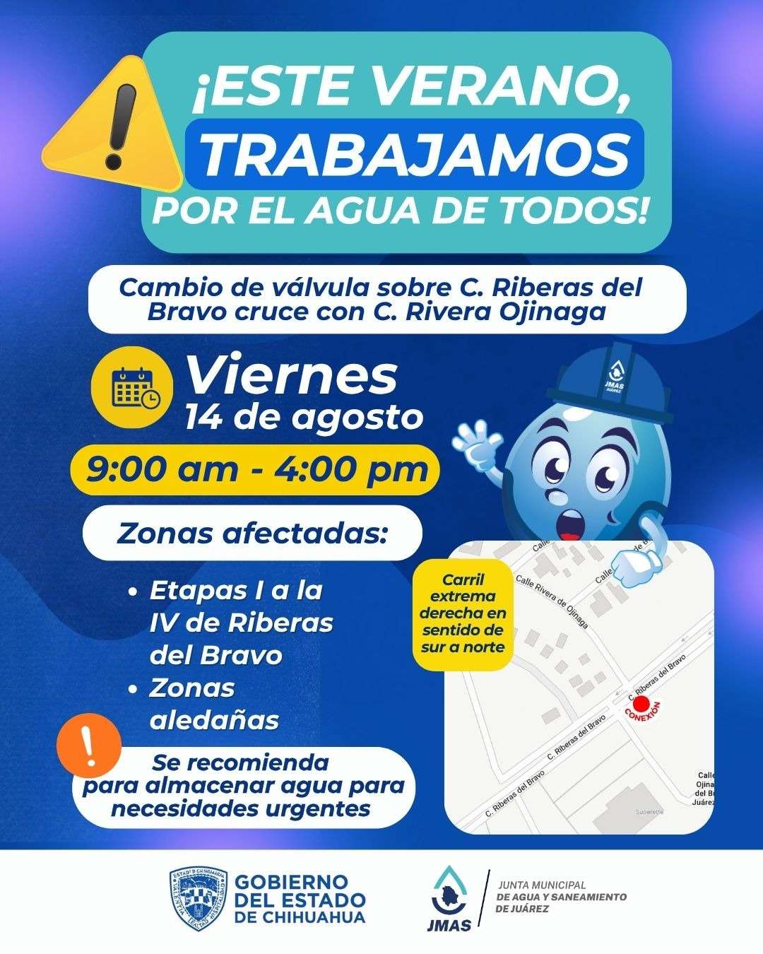 Estará Riberas del Bravo sin agua unas horas  por cambio de válvula
