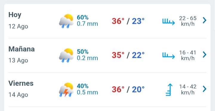 Día parcialmente nublado, temperatura hasta 36° C y lluvia débil por la tarde