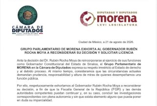 Piden diputados de Morena a Rocha Moya reconsiderar su regreso