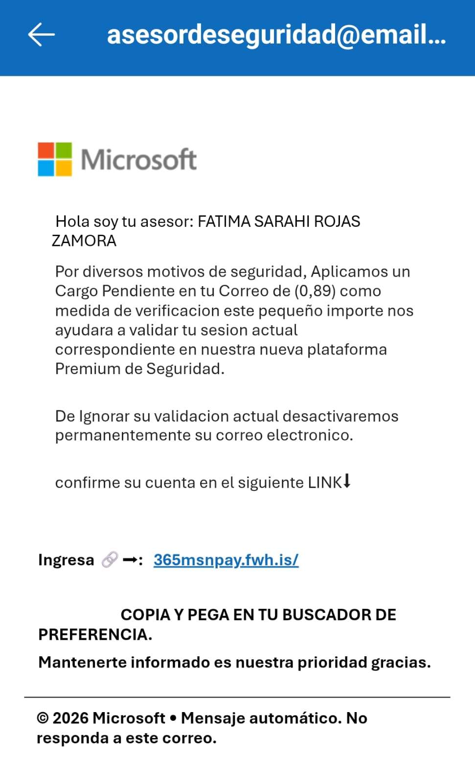 Alertan sobre estafa con correo falso de seguridad de Microsoft