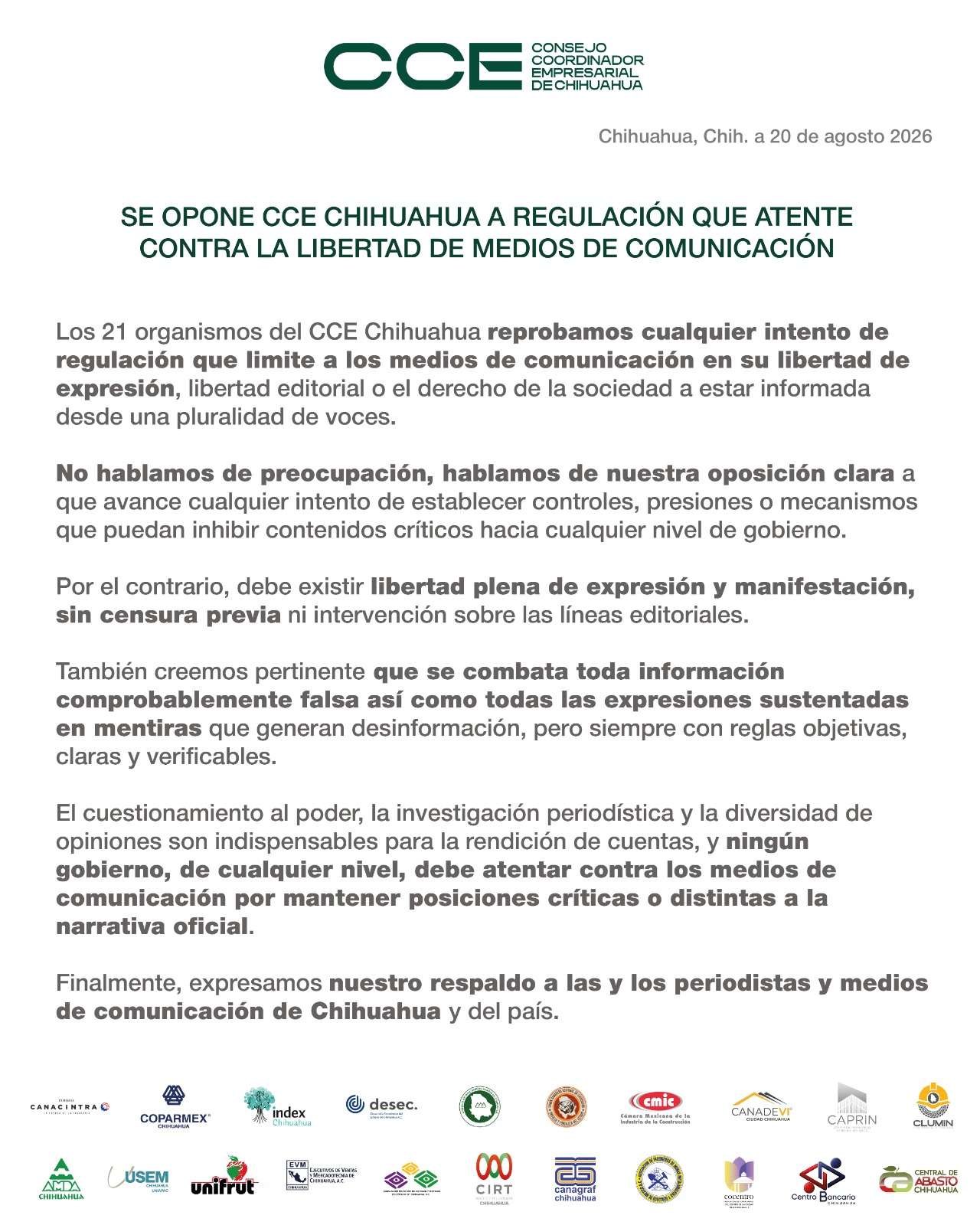 Se opone CCE a regulación que atente contra la libertad de expresión 