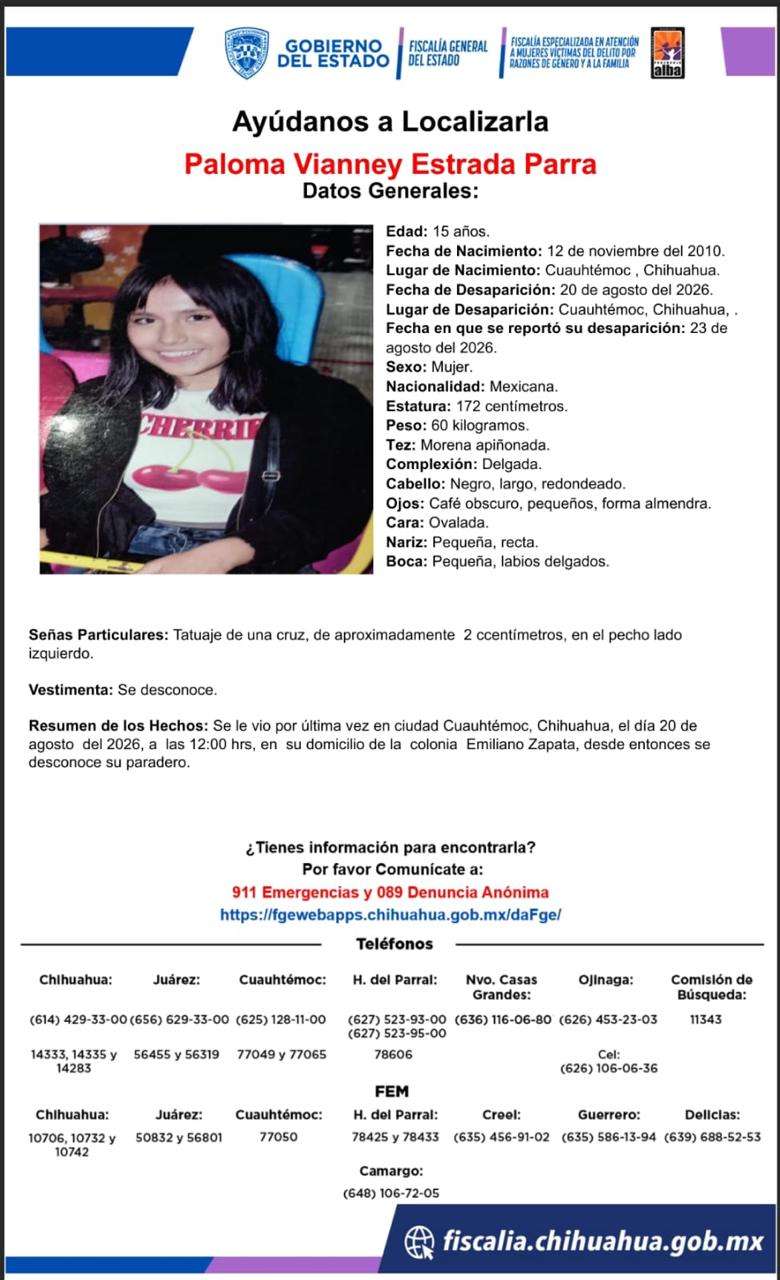 Desaparece jovencita en Cuauhtémoc 