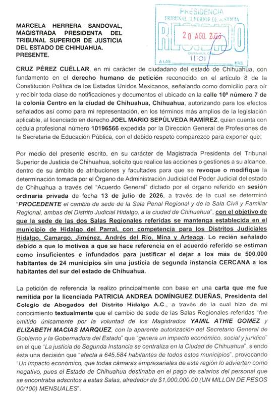 Pide Cruz mantener Salas Regionales del Poder Judicial en Parral