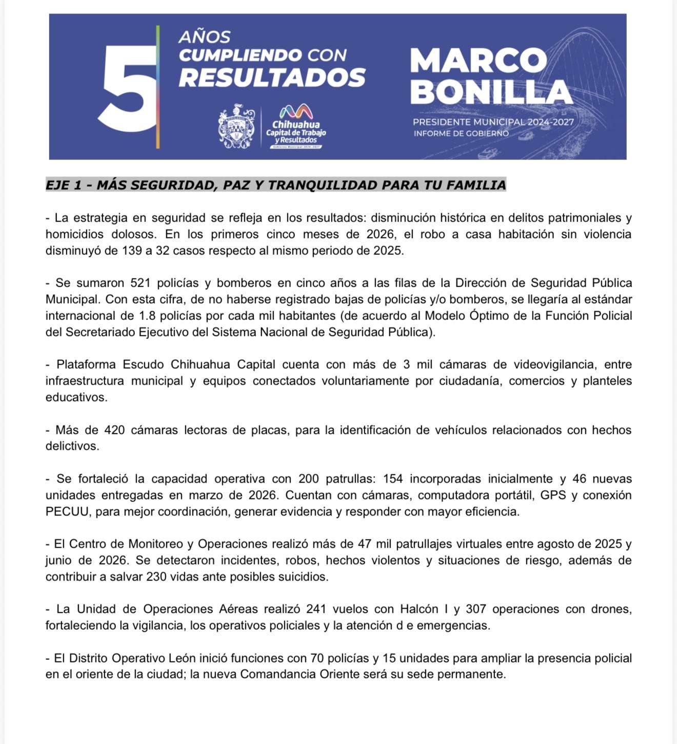 Destaca Alcalde avances en seguridad, desarrollo e infraestructura